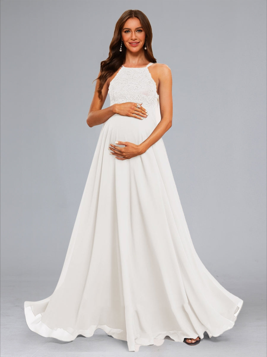 Chiffon A-Line/Princess Halter Sleeveless Floor-Length Maternity Wedding Dresses with Lace