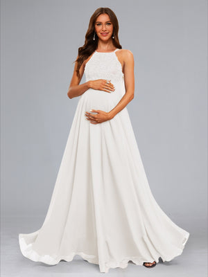 Chiffon A-Line/Princess Halter Sleeveless Floor-Length Baby Shower Wedding Dresses with Lace