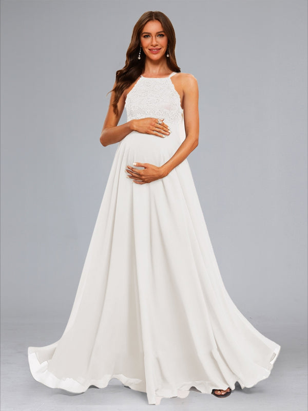 Chiffon A-Line/Princess Halter Sleeveless Floor-Length Baby Shower Wedding Dresses with Lace