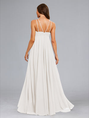 Chiffon A-Line/Princess Halter Sleeveless Floor-Length Baby Shower Wedding Dresses with Lace