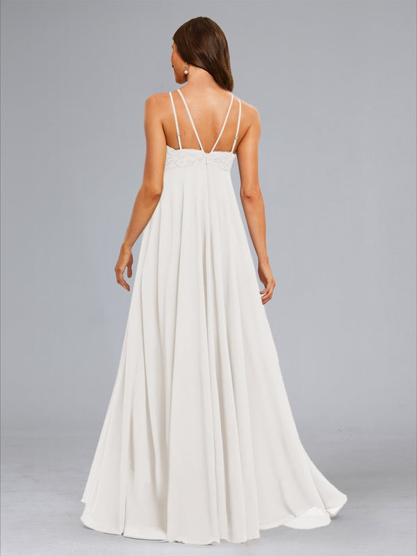 Chiffon A-Line/Princess Halter Sleeveless Floor-Length Baby Shower Wedding Dresses with Lace