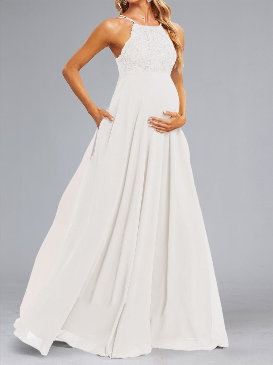 Chiffon A-Line/Princess Halter Sleeveless Floor-Length Maternity Wedding Dresses with Lace