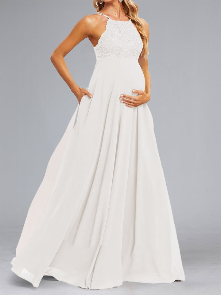Chiffon A-Line/Princess Halter Sleeveless Floor-Length Maternity Wedding Dresses with Lace