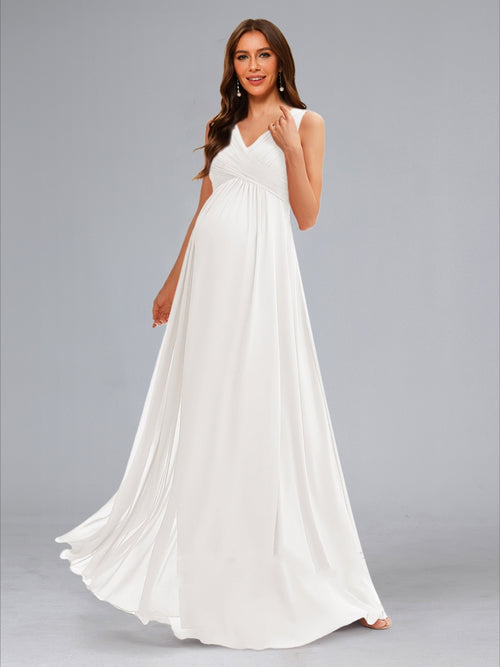 A-Line/Princess Ruched V-Neck Sleeveless Floor-Length Baby Shower Wedding Dresses with Pleats
