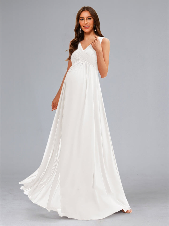 A-Line/Princess Ruched V-Neck Sleeveless Floor-Length Maternity Wedding Dresses with Pleats