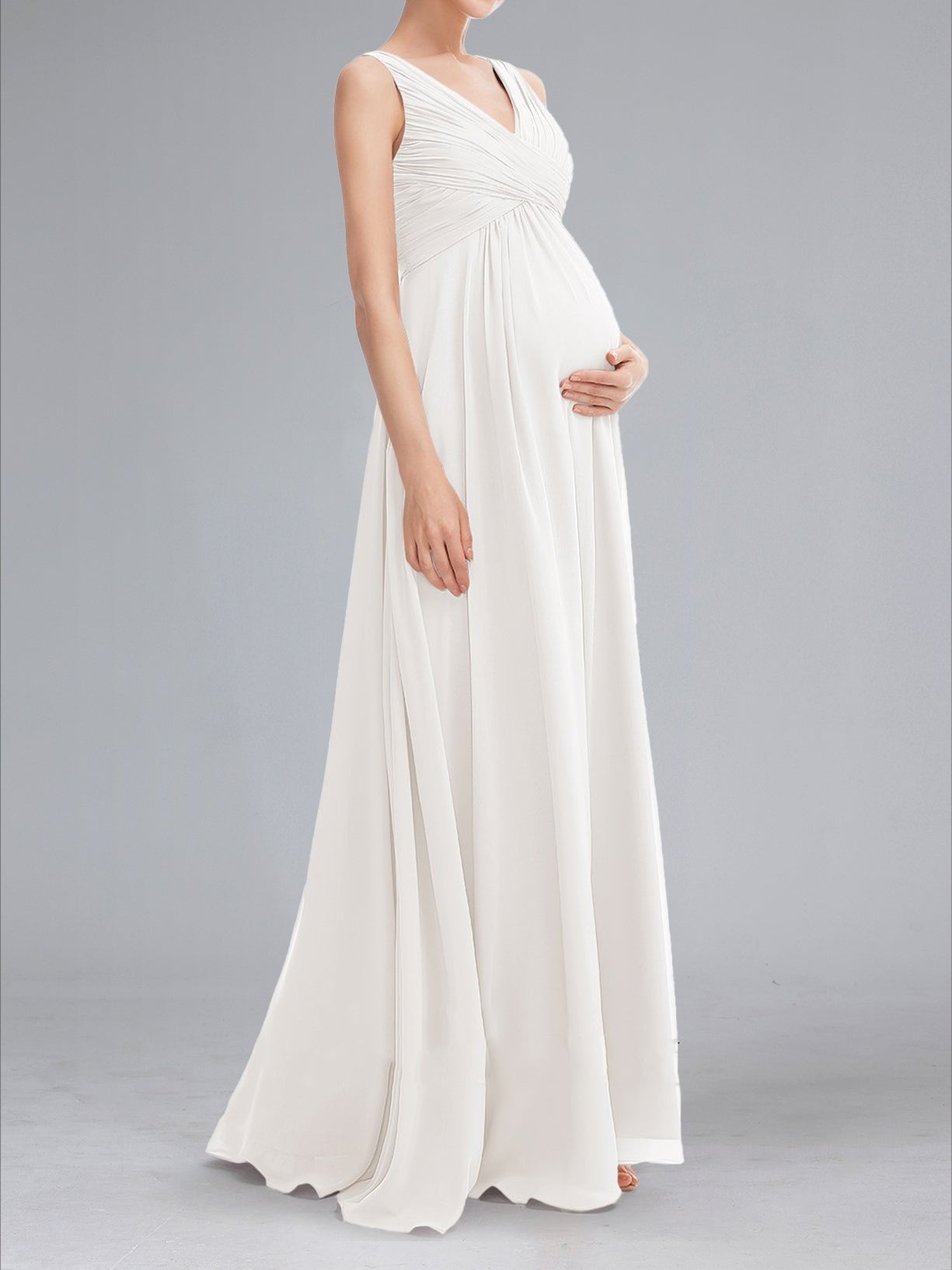 A-Line/Princess Ruched V-Neck Sleeveless Floor-Length Maternity Wedding Dresses with Pleats