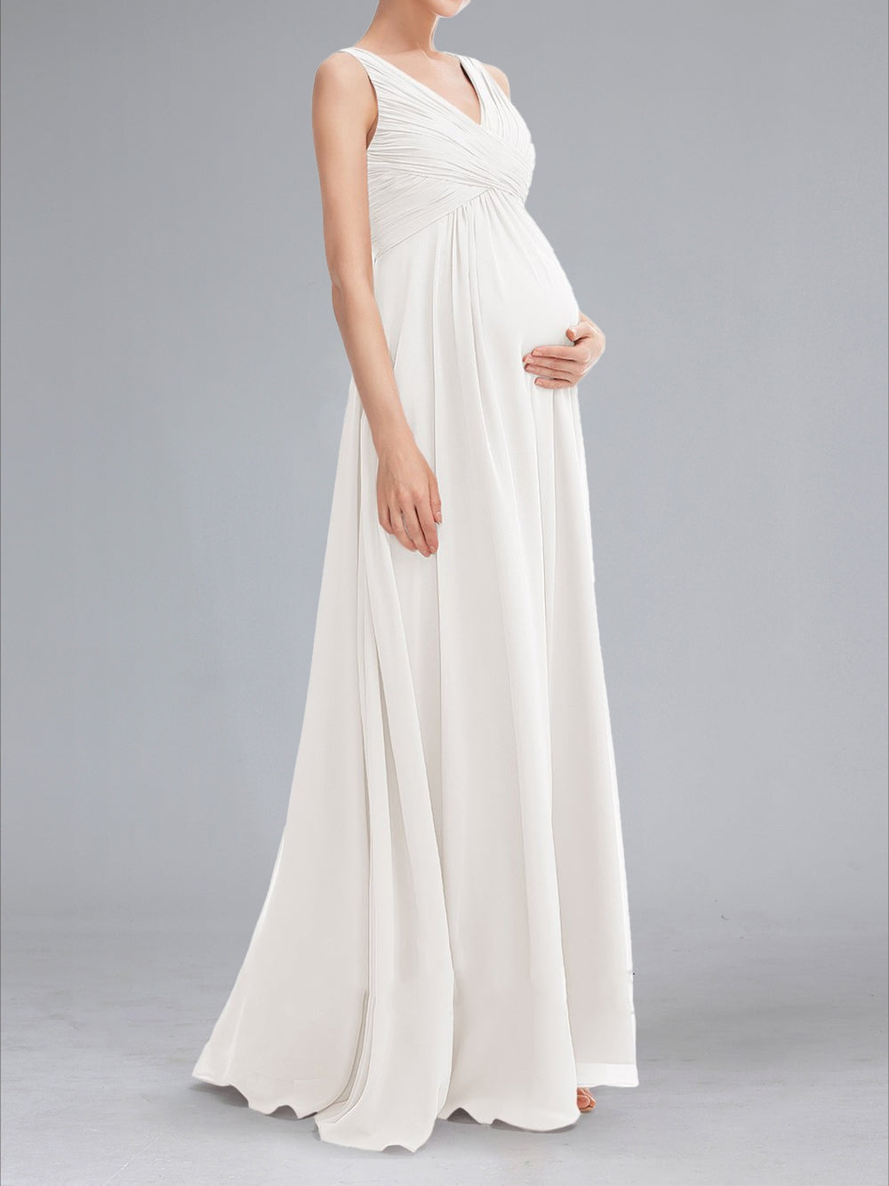 A-Line/Princess Ruched V-Neck Sleeveless Floor-Length Baby Shower Wedding Dresses with Pleats
