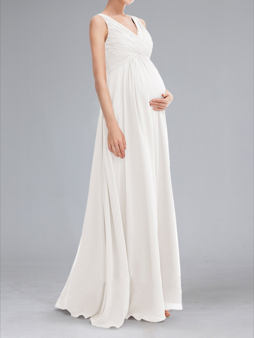 A-Line/Princess Ruched V-Neck Sleeveless Floor-Length Maternity Wedding Dresses with Pleats