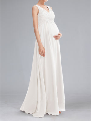 A-Line/Princess Ruched V-Neck Sleeveless Floor-Length Baby Shower Wedding Dresses with Pleats