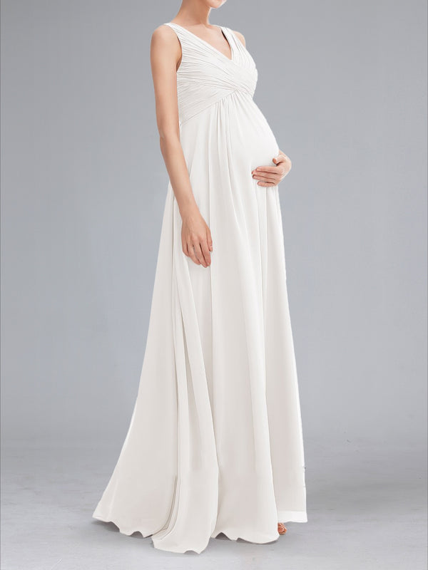 A-Line/Princess Ruched V-Neck Sleeveless Floor-Length Baby Shower Wedding Dresses with Pleats