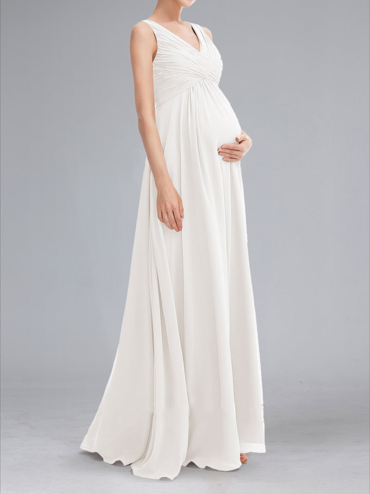A-Line/Princess Ruched V-Neck Sleeveless Floor-Length Maternity Wedding Dresses with Pleats