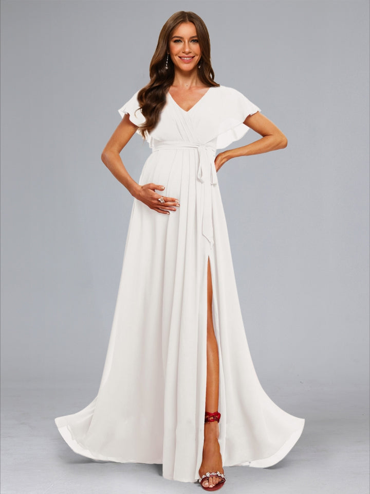 A-Line/Princess V-Neck Flutter Sleeves Ruched Elegant Maternity Wedding Dresses with Sash &amp; Split Side