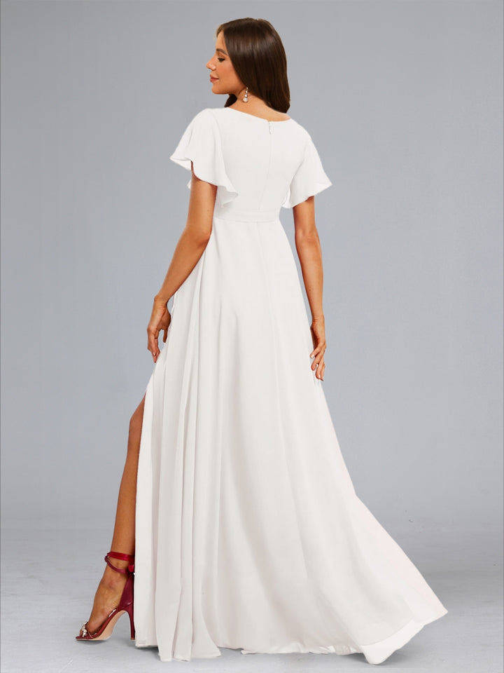 A-Line/Princess V-Neck Flutter Sleeves Ruched Elegant Maternity Wedding Dresses with Sash &amp; Split Side