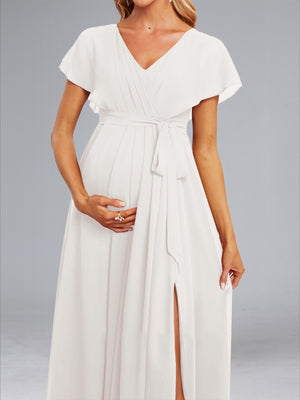 A-Line/Princess V-Neck Flutter Sleeves Ruched Elegant Baby Shower Wedding Dresses with Sash & Split Side