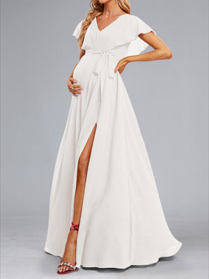 A-Line/Princess V-Neck Flutter Sleeves Ruched Elegant Baby Shower Wedding Dresses with Sash & Split Side