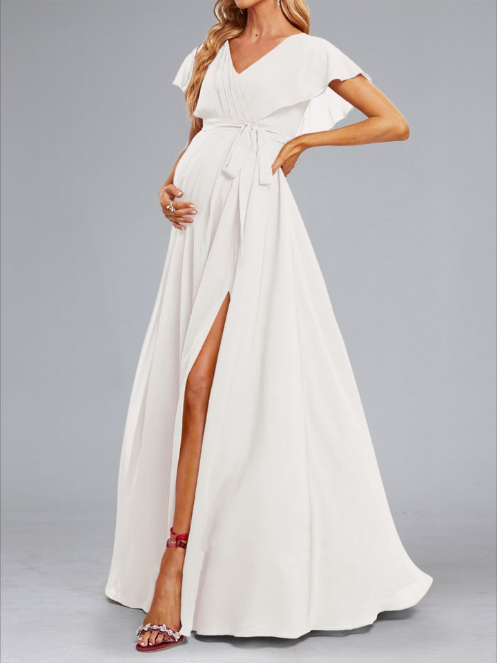 A-Line/Princess V-Neck Flutter Sleeves Ruched Elegant Maternity Wedding Dresses with Sash &amp; Split Side