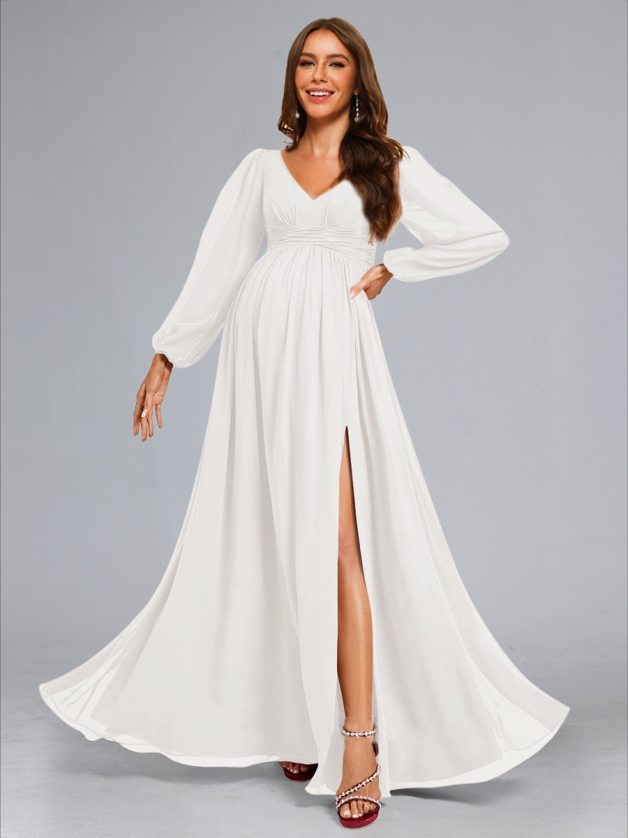 A-Line/Princess V-Neck Long Sleeves Ruched Floor-Length Maternity Wedding Dresses with Side Slit & Ruffles