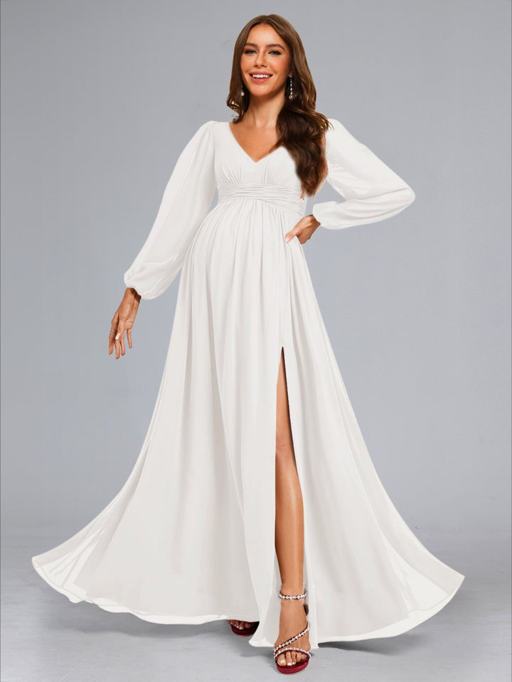 A-Line/Princess V-Neck Long Sleeves Ruched Floor-Length Maternity Wedding Dresses with Side Slit &amp; Ruffles