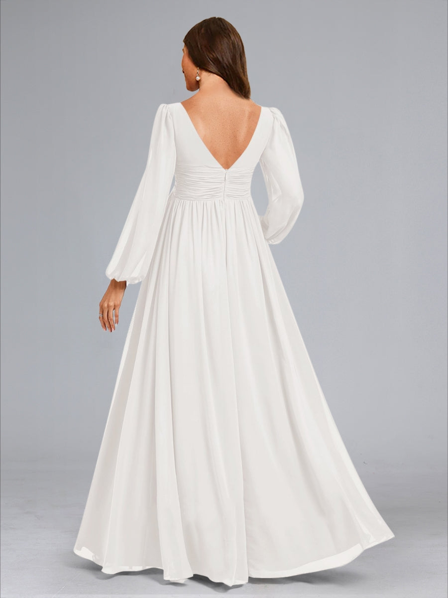 A-Line/Princess V-Neck Long Sleeves Ruched Floor-Length Maternity Wedding Dresses with Side Slit &amp; Ruffles