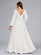 A-Line/Princess V-Neck Long Sleeves Ruched Floor-Length Maternity Wedding Dresses with Side Slit & Ruffles
