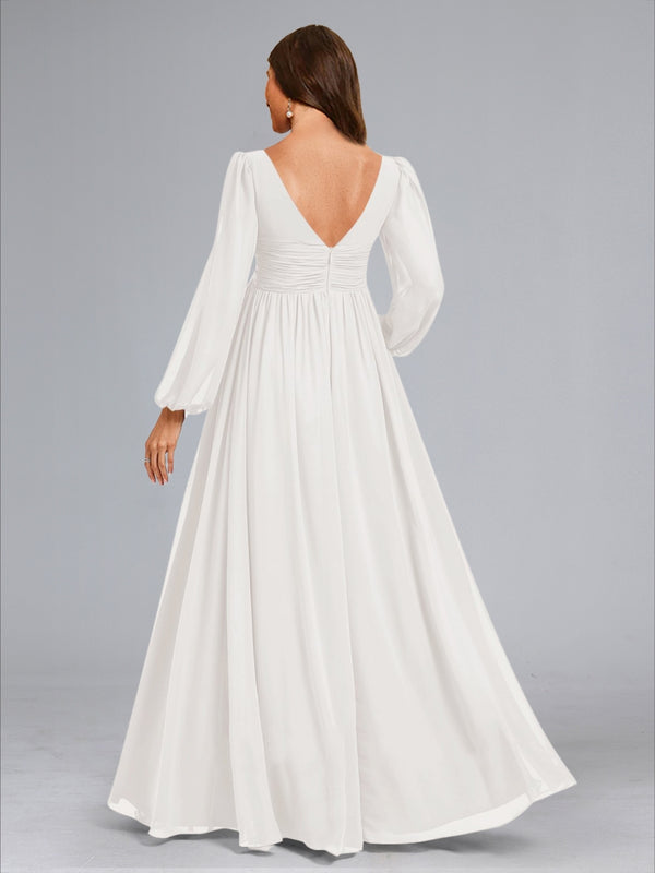 A-Line/Princess V-Neck Long Sleeves Ruched Floor-Length Baby Shower Wedding Dresses with Side Slit & Ruffles