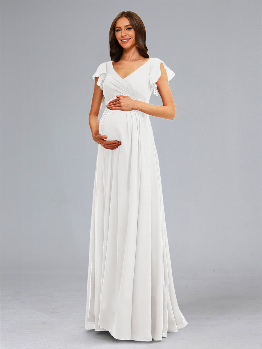 A-Line/Princess V-Neck Short Sleeves Ruched Floor-Length Maternity Wedding Dresses