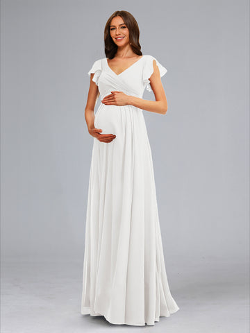 A-Line/Princess V-Neck Short Sleeves Ruched Floor-Length Baby Shower Wedding Dresses