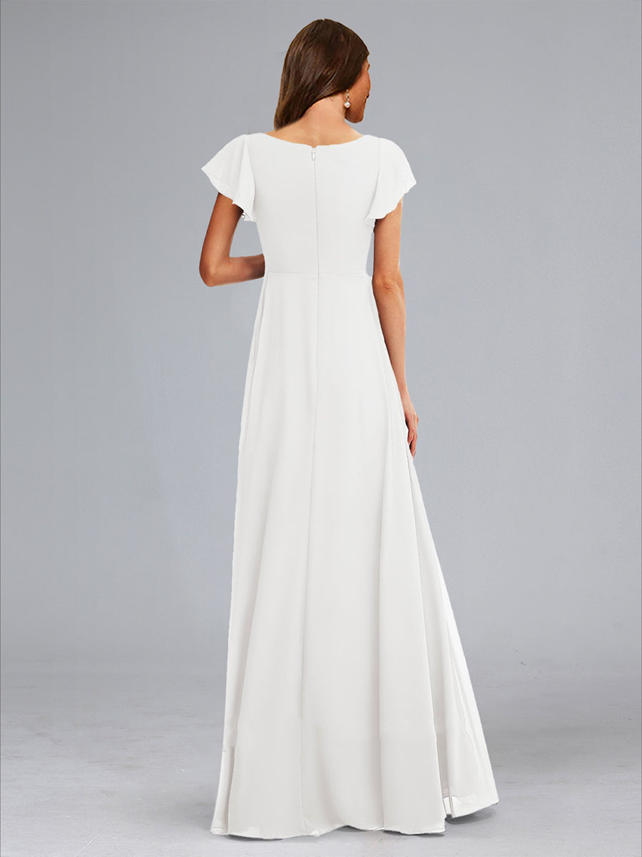 A-Line/Princess V-Neck Short Sleeves Ruched Floor-Length Baby Shower Wedding Dresses