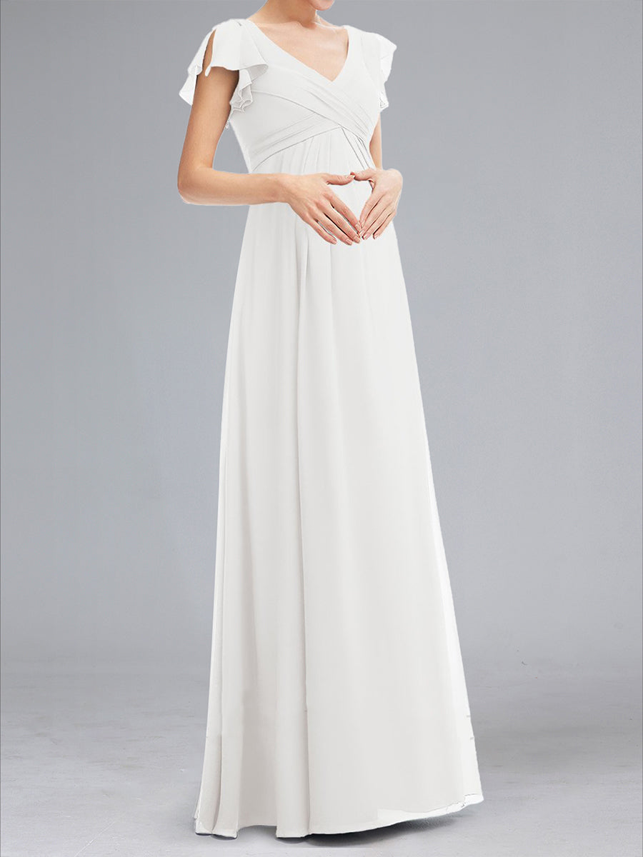 A-Line/Princess V-Neck Short Sleeves Ruched Floor-Length Maternity Wedding Dresses
