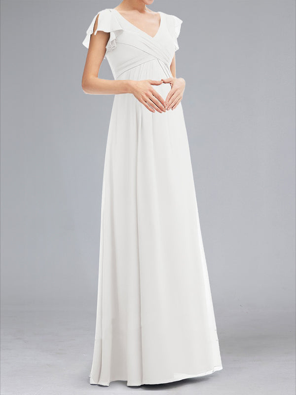 A-Line/Princess V-Neck Short Sleeves Ruched Floor-Length Baby Shower Wedding Dresses
