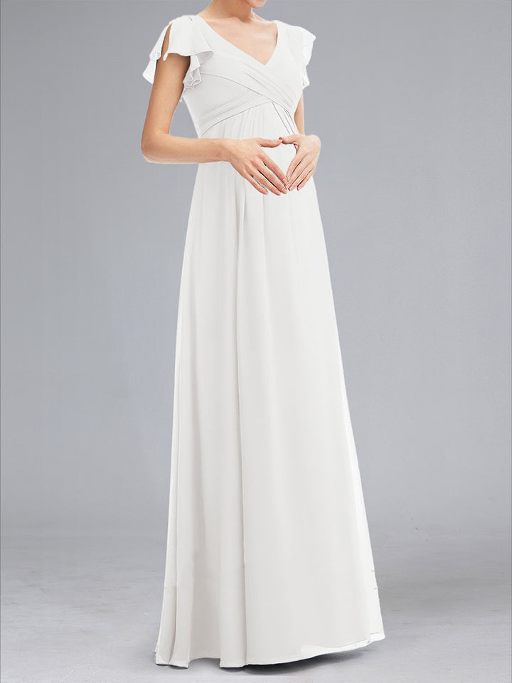 A-Line/Princess V-Neck Short Sleeves Ruched Floor-Length Maternity Wedding Dresses