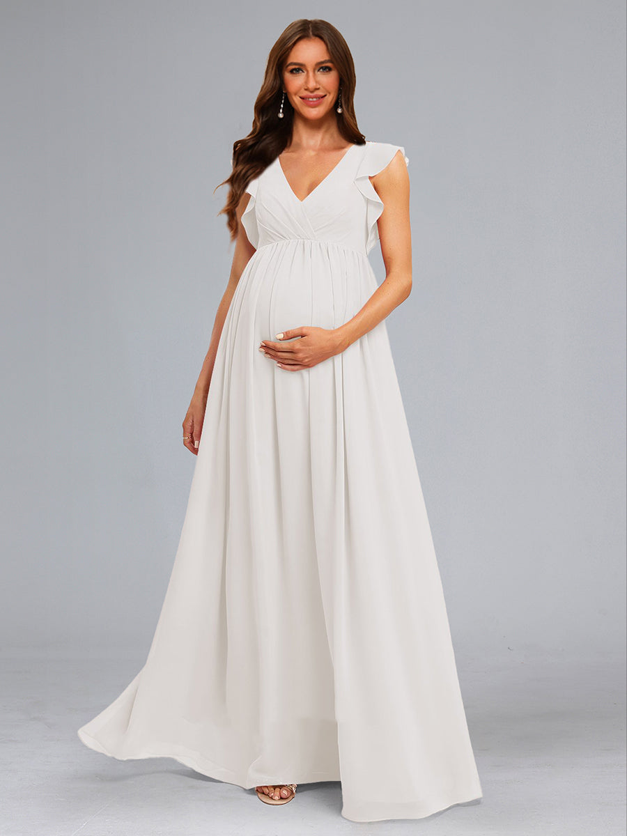 A-Line/Princess Chiffon Sleeveless Ruched Floor-Length Maternity Wedding Dresses with Ruffles