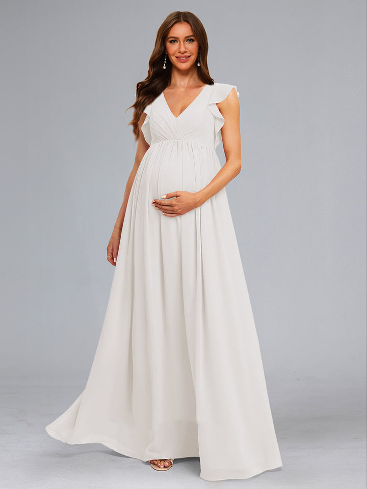 A-Line/Princess Chiffon Sleeveless Ruched Floor-Length Maternity Wedding Dresses with Ruffles