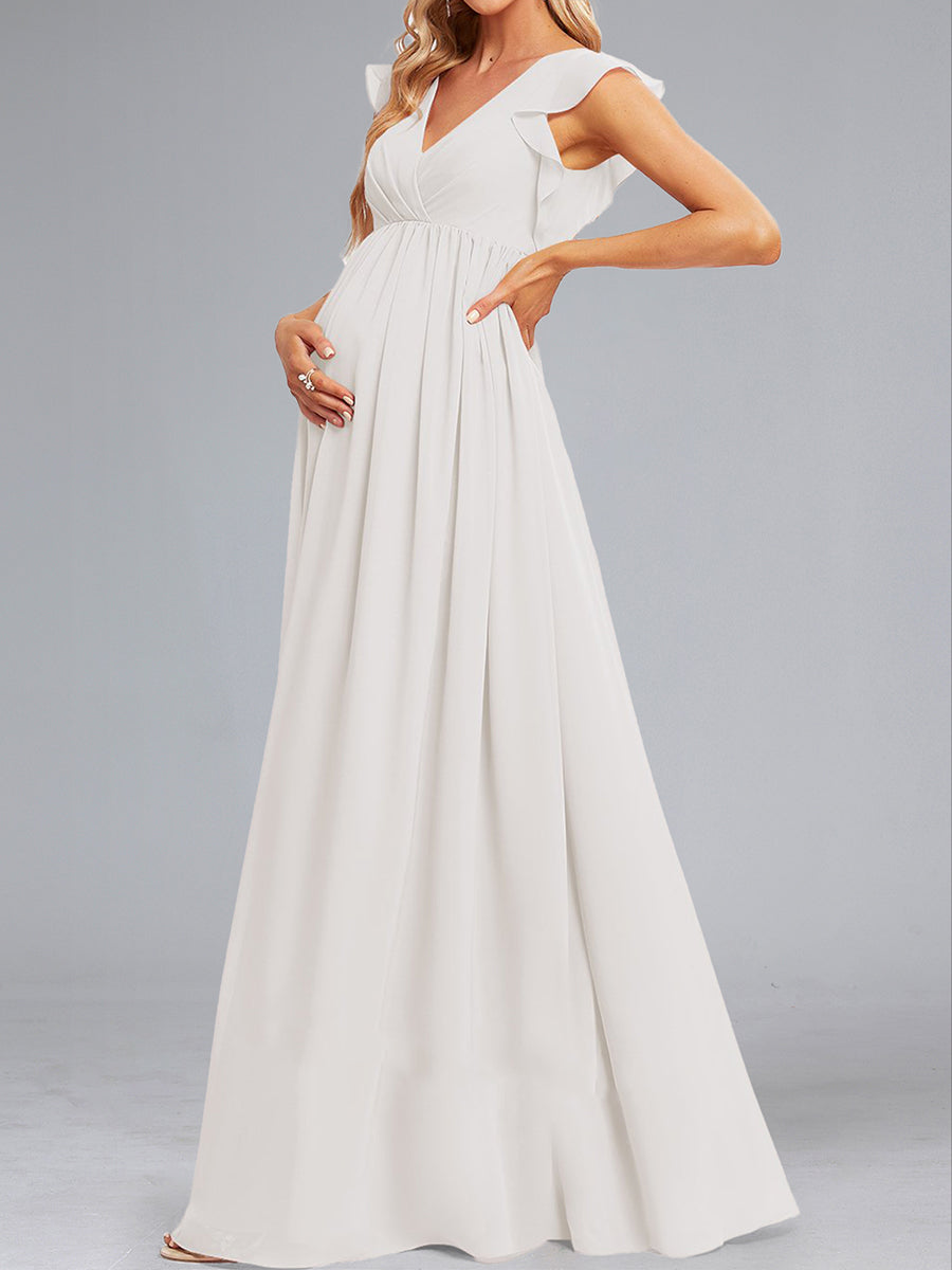 A-Line/Princess Chiffon Sleeveless Ruched Floor-Length Maternity Wedding Dresses with Ruffles