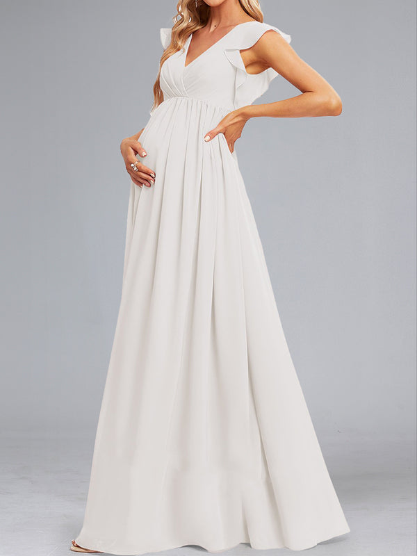 A-Line/Princess Chiffon Sleeveless Ruched Floor-Length Baby Shower Wedding Dresses with Ruffles