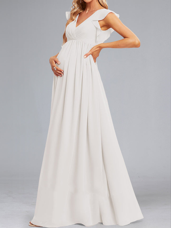 A-Line/Princess Chiffon Sleeveless Ruched Floor-Length Maternity Wedding Dresses with Ruffles