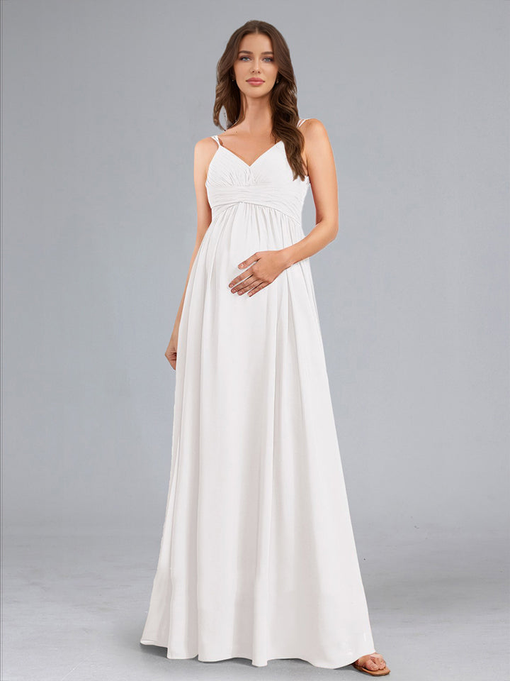 A-Line/Princess Spaghetti Straps V-Neck Ruched Maternity Wedding Dresses with Pleats &amp; Appliques