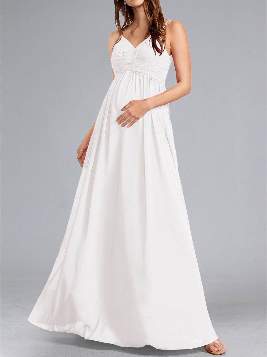 A-Line/Princess Spaghetti Straps V-Neck Ruched Maternity Wedding Dresses with Pleats &amp; Appliques