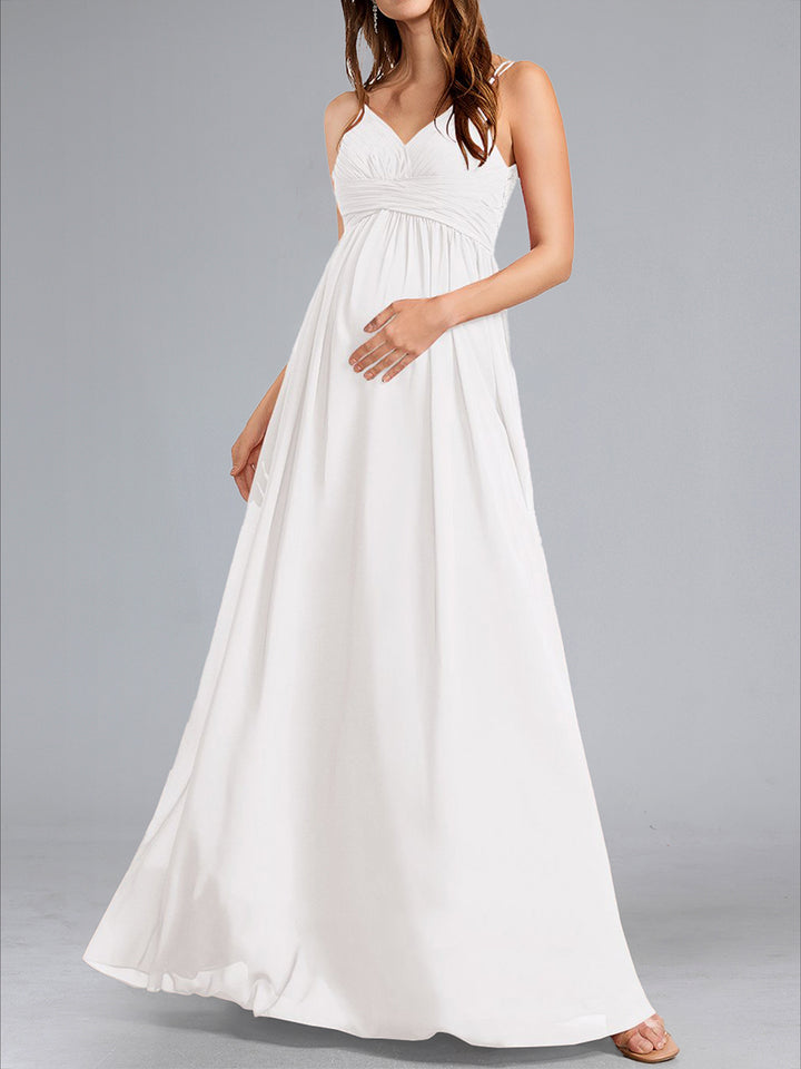 A-Line/Princess Spaghetti Straps V-Neck Ruched Maternity Wedding Dresses with Pleats &amp; Appliques