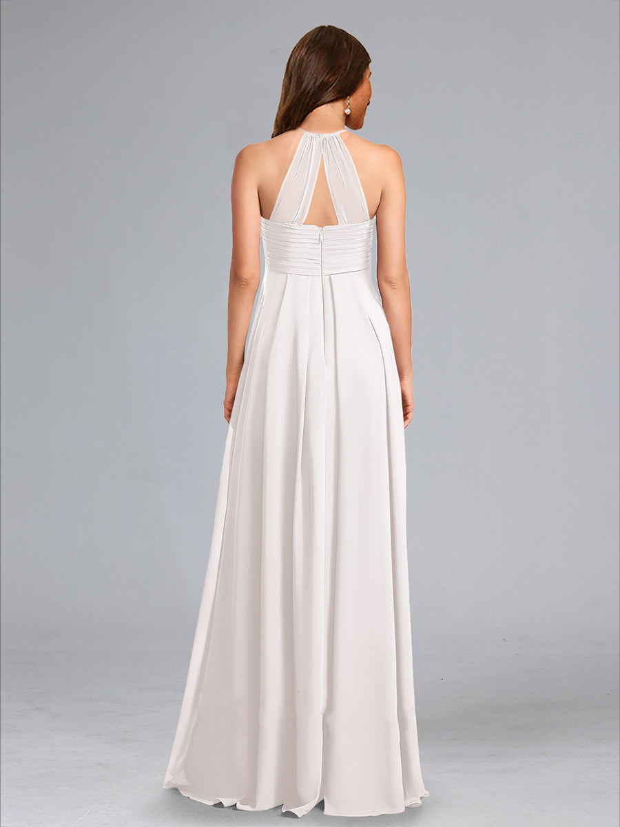 A-Line Halter Neck Ruched Chiffon Floor-Length Maternity Wedding Dresses with Pleats