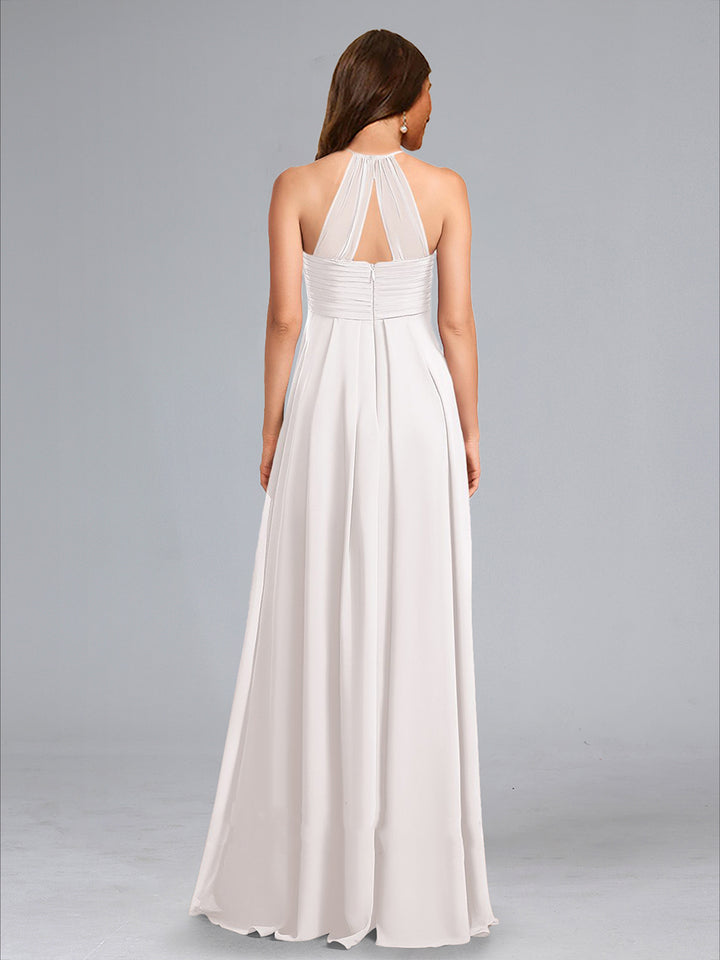 A-Line Halter Neck Ruched Chiffon Floor-Length Maternity Wedding Dresses with Pleats