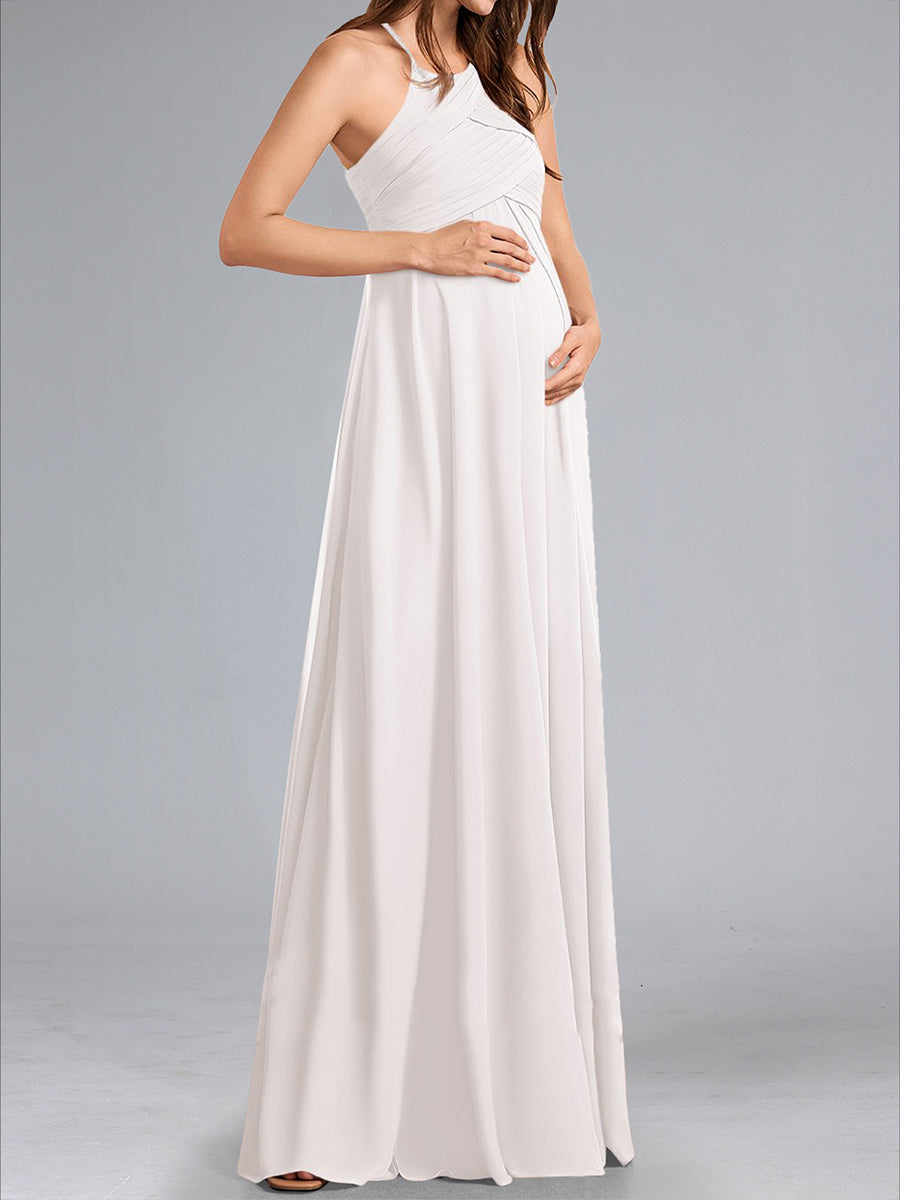 A-Line Halter Neck Ruched Chiffon Floor-Length Maternity Wedding Dresses with Pleats