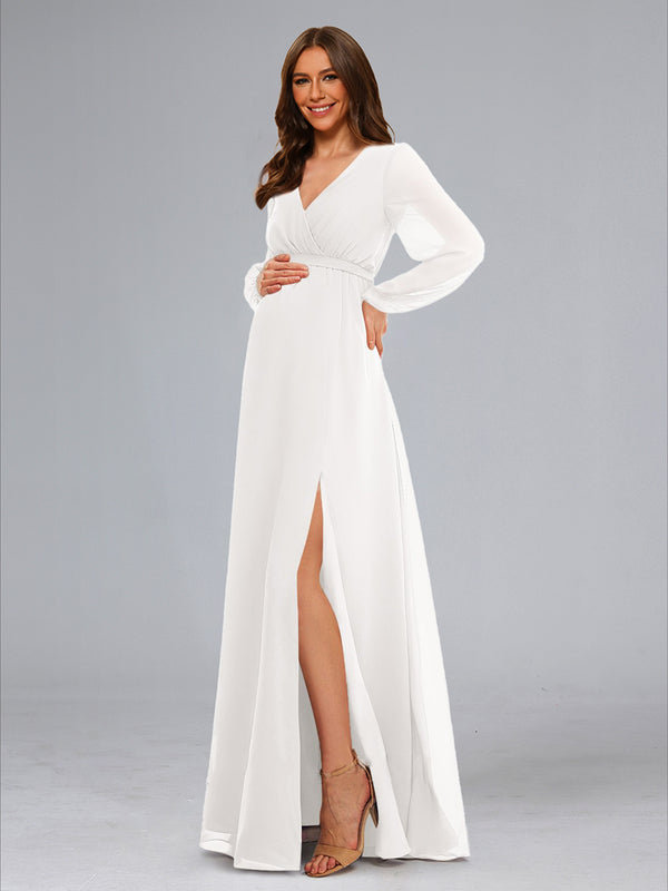 A-Line V-Neck Long Sleeves Floor-Length Baby Shower Wedding Dresses with Sash & Split Side