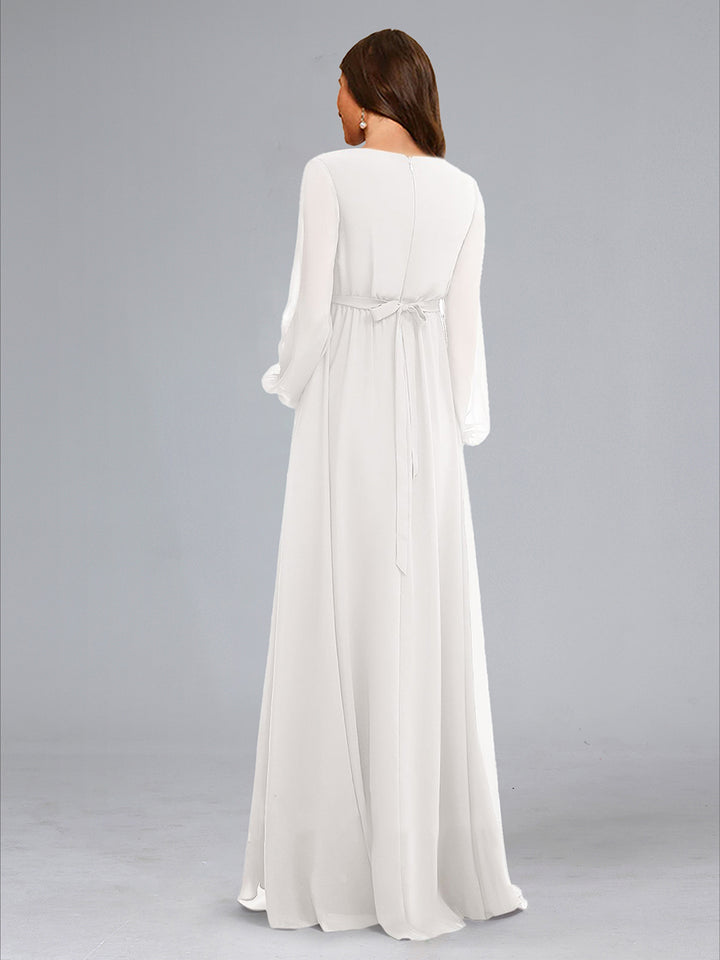 A-Line V-Neck Long Sleeves Floor-Length Maternity Wedding Dresses with Sash &amp; Split Side