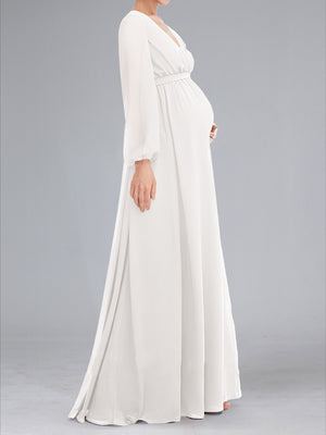 A-Line V-Neck Long Sleeves Floor-Length Baby Shower Wedding Dresses with Sash & Split Side