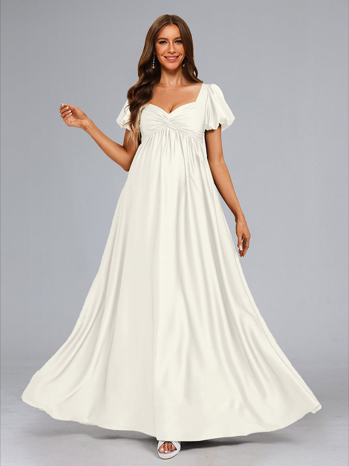 A-Line/Princess V-Neck Short Sleeves Bow Maternity Wedding Dresses with Ruffles