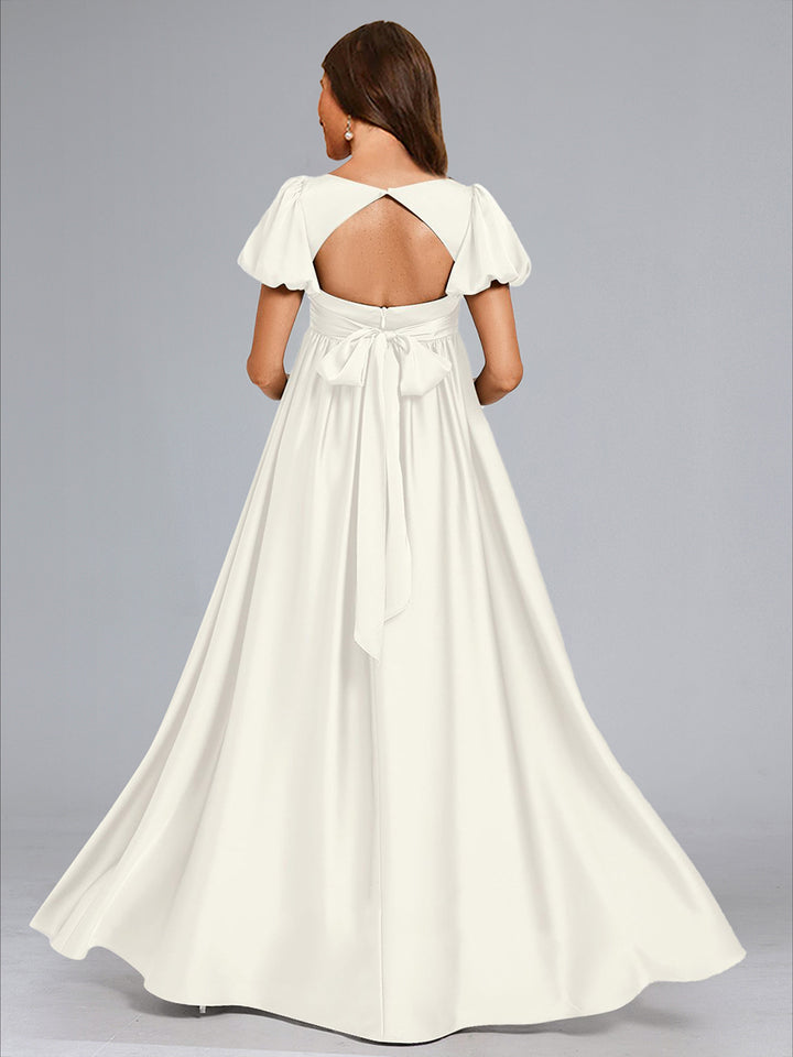 A-Line/Princess V-Neck Short Sleeves Bow Maternity Wedding Dresses with Ruffles