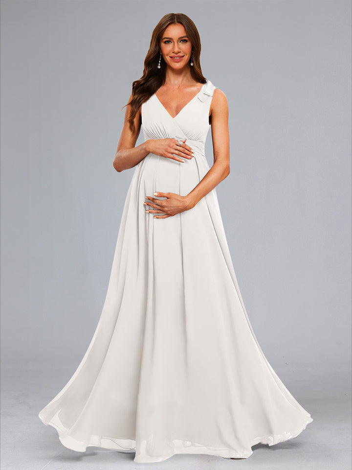 A-Line/Princess Sleeveless Long Chiffon Maternity Wedding Dresses with Bow &amp; Pleats