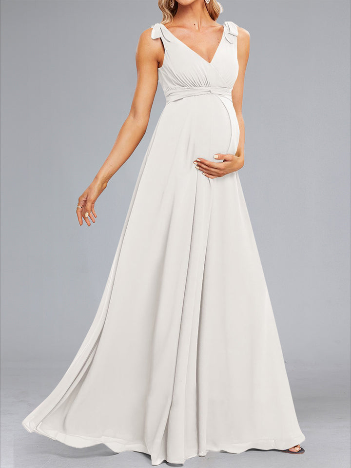A-Line/Princess Sleeveless Long Chiffon Maternity Wedding Dresses with Bow &amp; Pleats