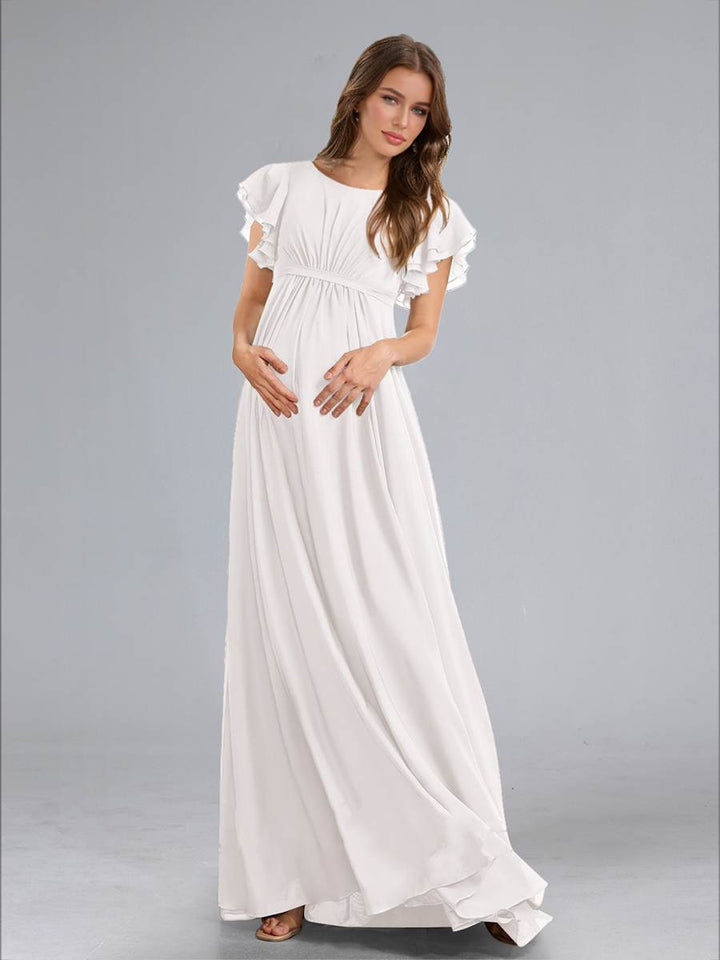 A-Line/Princess Scoop Flutter Sleeves Ruched Maternity Wedding Dresses with Sash